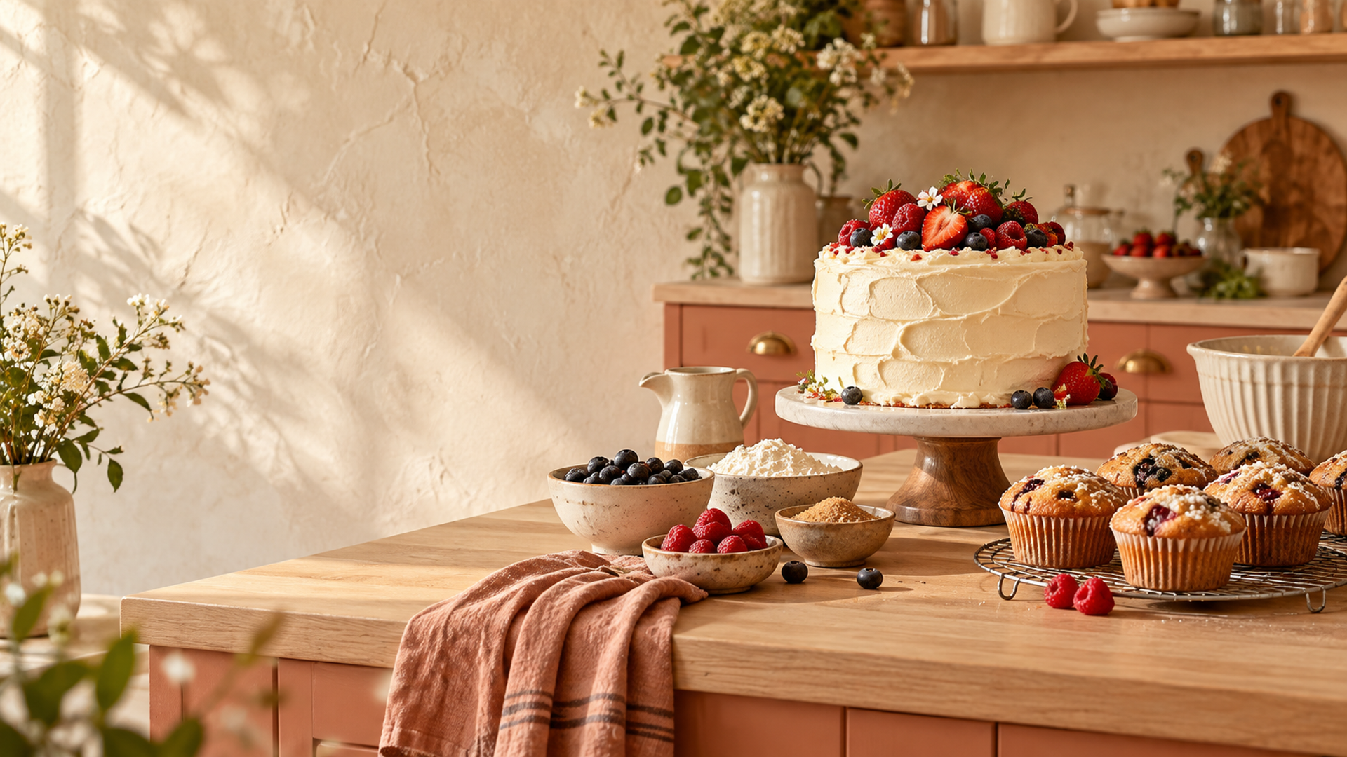 A vanilla berry cake and muffins in a warm home baking kitchen